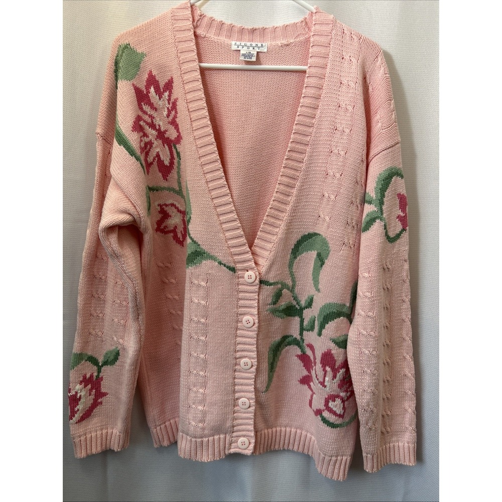 Vintage Picone Sport Floral Cardigan Pink Green Button Front Knit Cottagecore